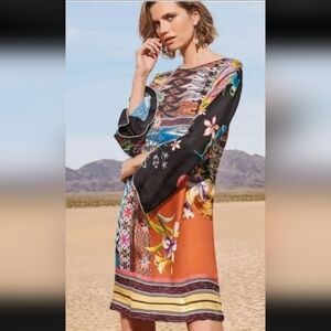 Johnny Was Luna Retro Swing Dress Women's XS 100% Silk Long Sleeve